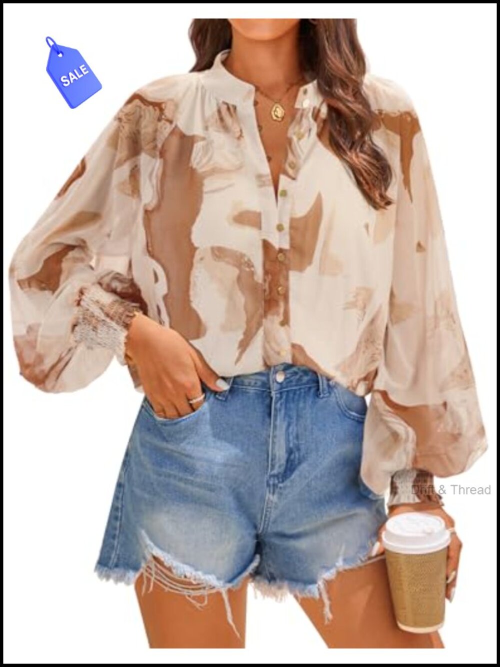 Floral Print Long Sleeve Button Down Boho Blouse with Smocked Cuff